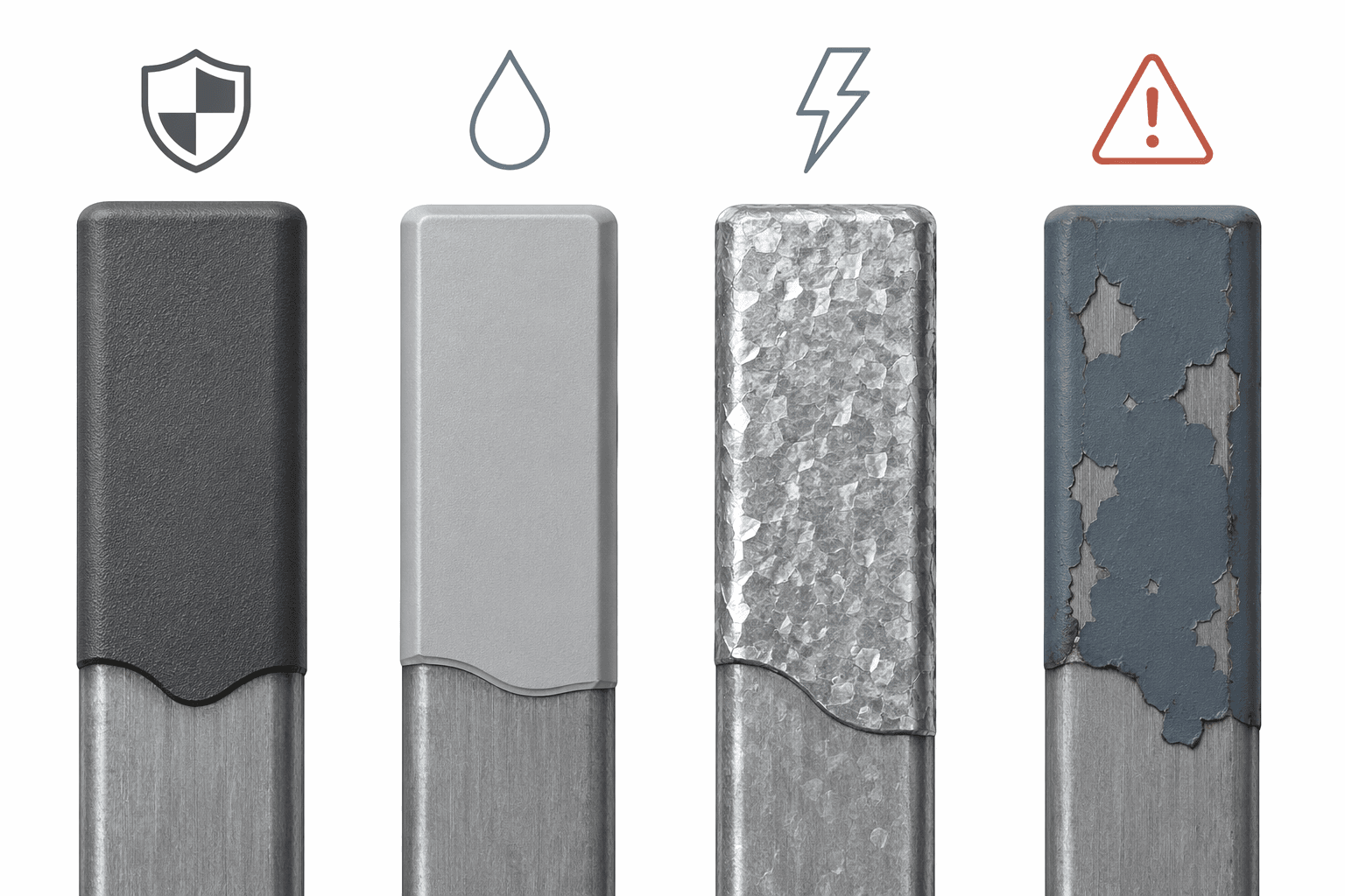 Infographic comparing four coating types for outdoor fitness steel: powder coat, e-coat primer, hot-dipped galvanization, and standard paint.