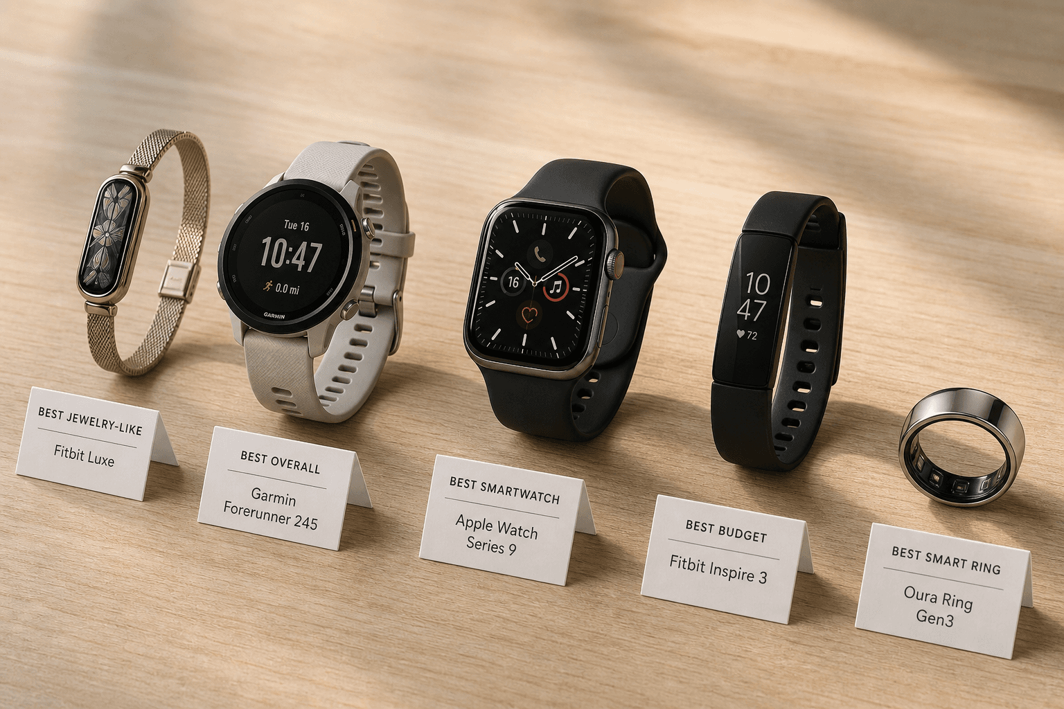Editorial flat lay of five fitness tracker devices with labeled use-case cards.