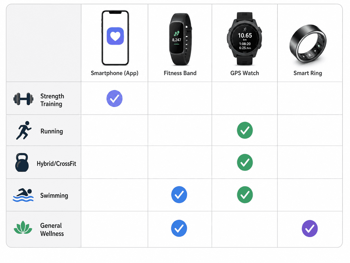 Decision matrix showing five training styles matched to optimal tracker form factors: strength training pairs with an app plus HR band, running with a GPS watch, hybrid/CrossFit with a GPS watch, swimming with a waterproof watch, and general wellness with a fitness band or ring.