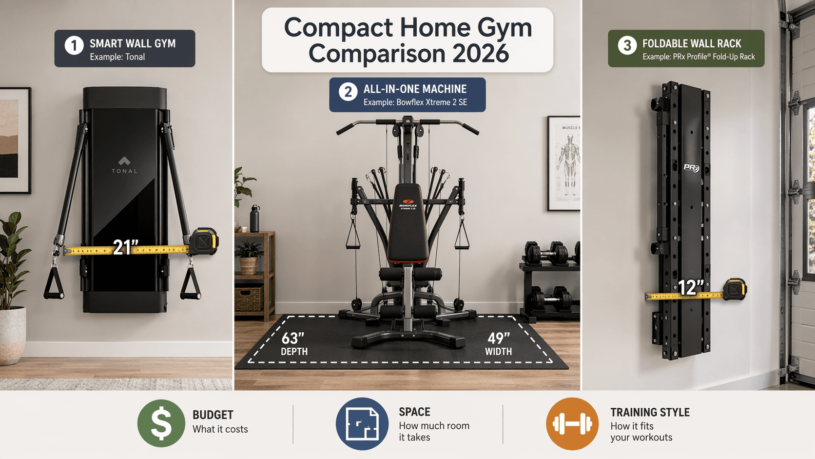 A clean comparison infographic on a light gray background showing three compact home gym zones: a wall-mounted smart gym with arms folded and a 21-inch width callout on the left, an all-in-one machine with a 63x49-inch floor footprint label in the center, and a foldable wall-mounted rack with a 12-inch depth callout on the right.