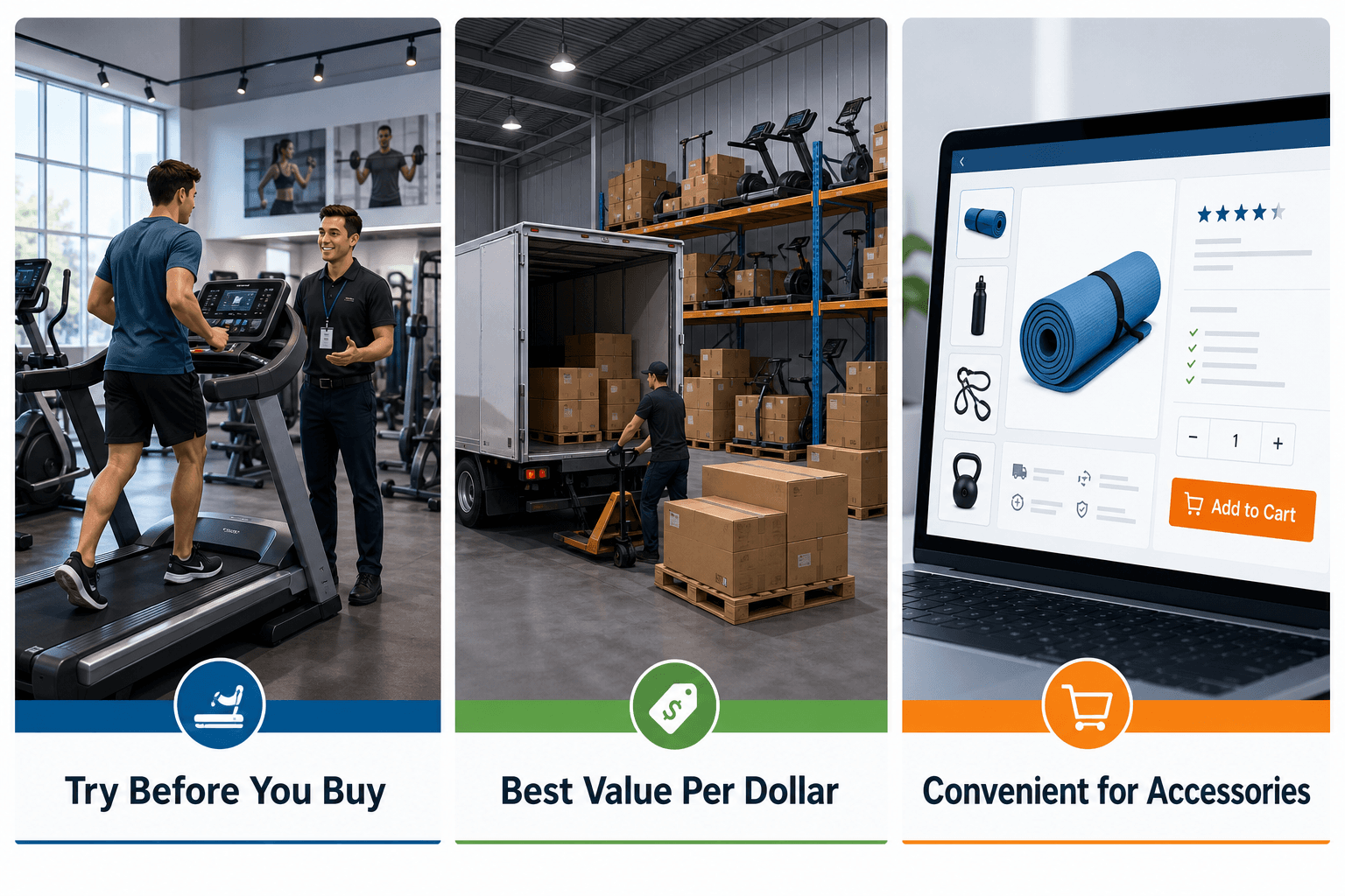 Three-panel editorial illustration comparing fitness equipment buying channels: left panel shows a brightly lit showroom with a customer testing a treadmill assisted by a staff member, center panel shows a warehouse with boxes arriving by freight truck, right panel shows a digital marketplace screen with product specs and reviews. Each panel is labeled with a key strength. Clean blue and gray color palette with accent colors.