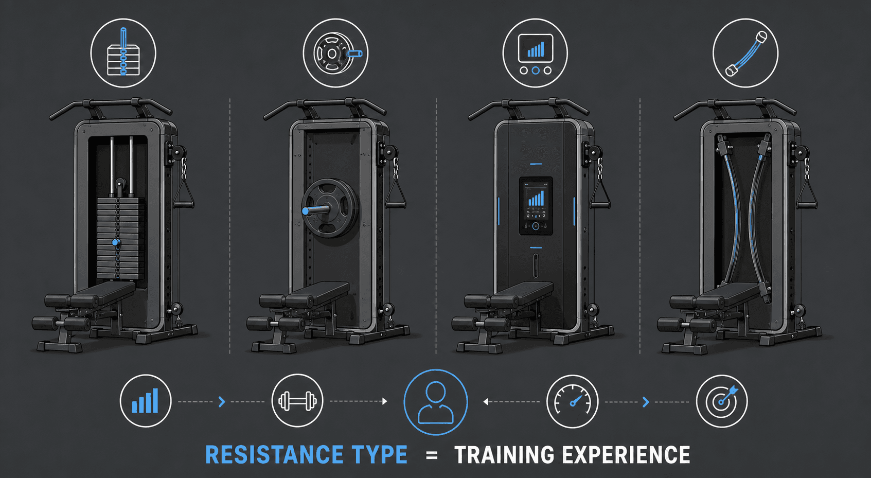 Four all-in-one home gym resistance types side by side: weight stack, plate-loaded, digital resistance, and power rod.