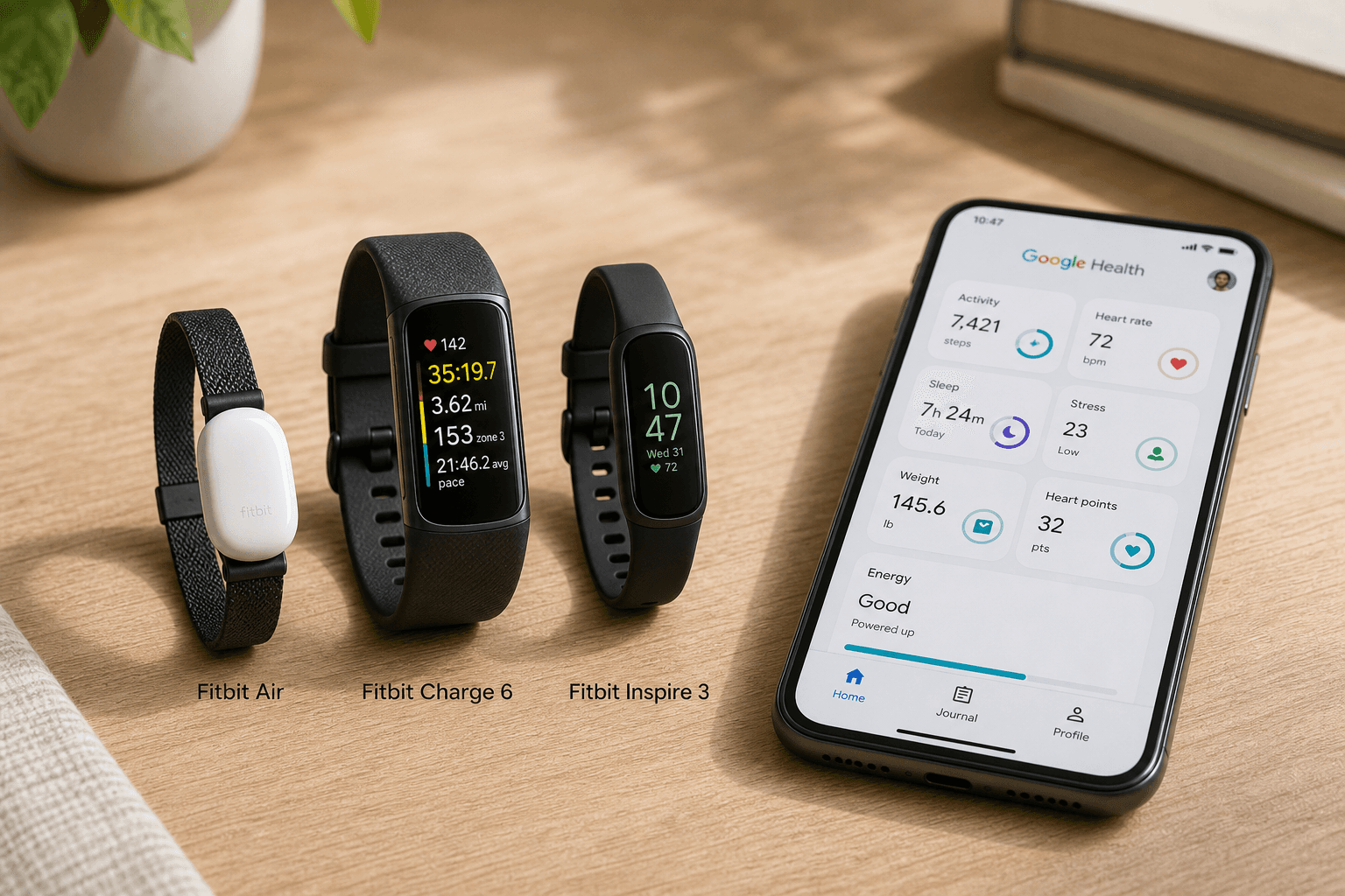 Three Fitbit devices on a wooden surface: Fitbit Air (small white pebble-like pod with obsidian band), Fitbit Charge 6 (fitness band with rectangular AMOLED display), and Fitbit Inspire 3 (thin band with smaller screen). Beside them a smartphone displays the Google Health app interface.