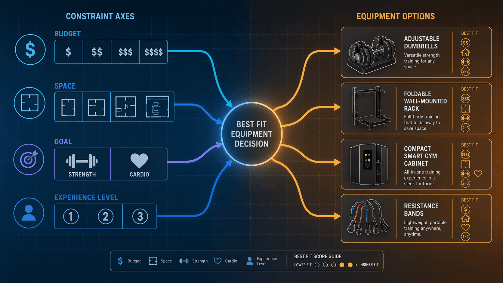Split-screen infographic: left side shows four constraint axes (budget, space, goal, experience) with icons converging into a central decision node; right side shows silhouettes of home gym equipment.