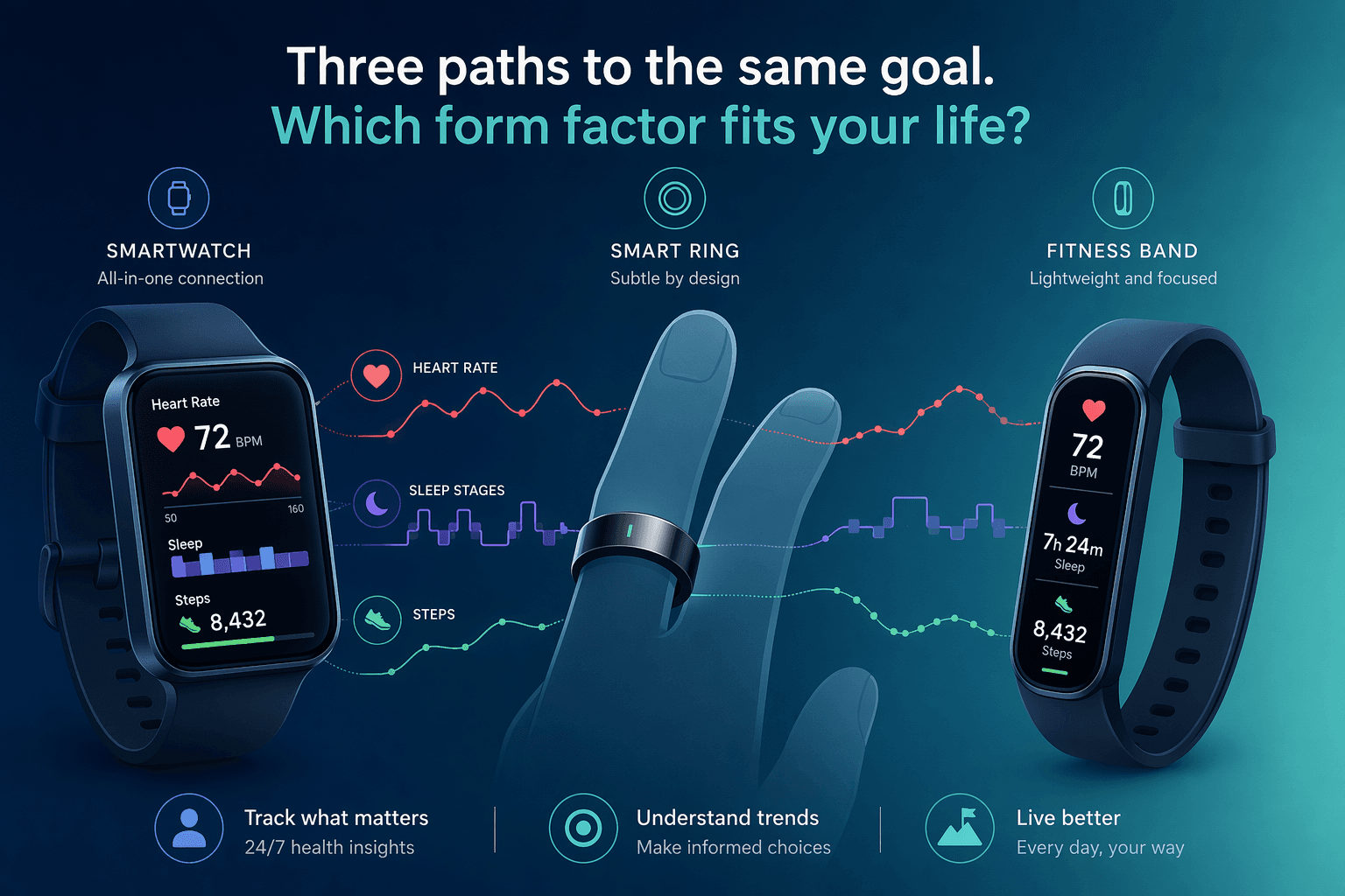 Flat vector editorial illustration with a deep navy-to-teal gradient background. Three fitness tracker form factors are arranged diagonally: a smartwatch on the left with a generalized heart-rate display, a smart ring in the center on a finger silhouette, and a slim fitness band on the right clipped to a wristband. Subtle data visualization lines and step-count numbers flow between the devices in clean sans-serif style.