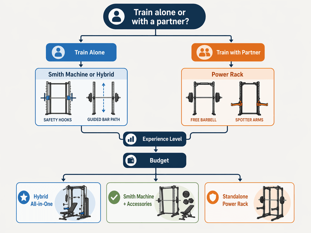Decision flowchart for choosing between a Smith machine, power rack, or hybrid all-in-one home gym system.