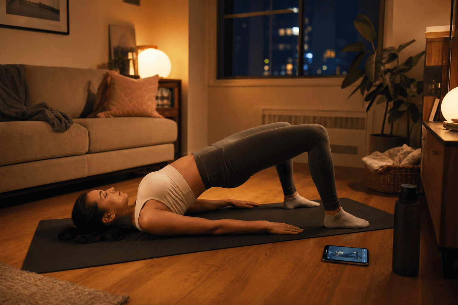 A person in casual athletic wear doing a floor-based glute bridge on a yoga mat in a cozy apartment living room with soft warm lighting. A smartphone lies beside the mat. The small space shows furniture pushed aside, conveying quiet, space-conscious home training.