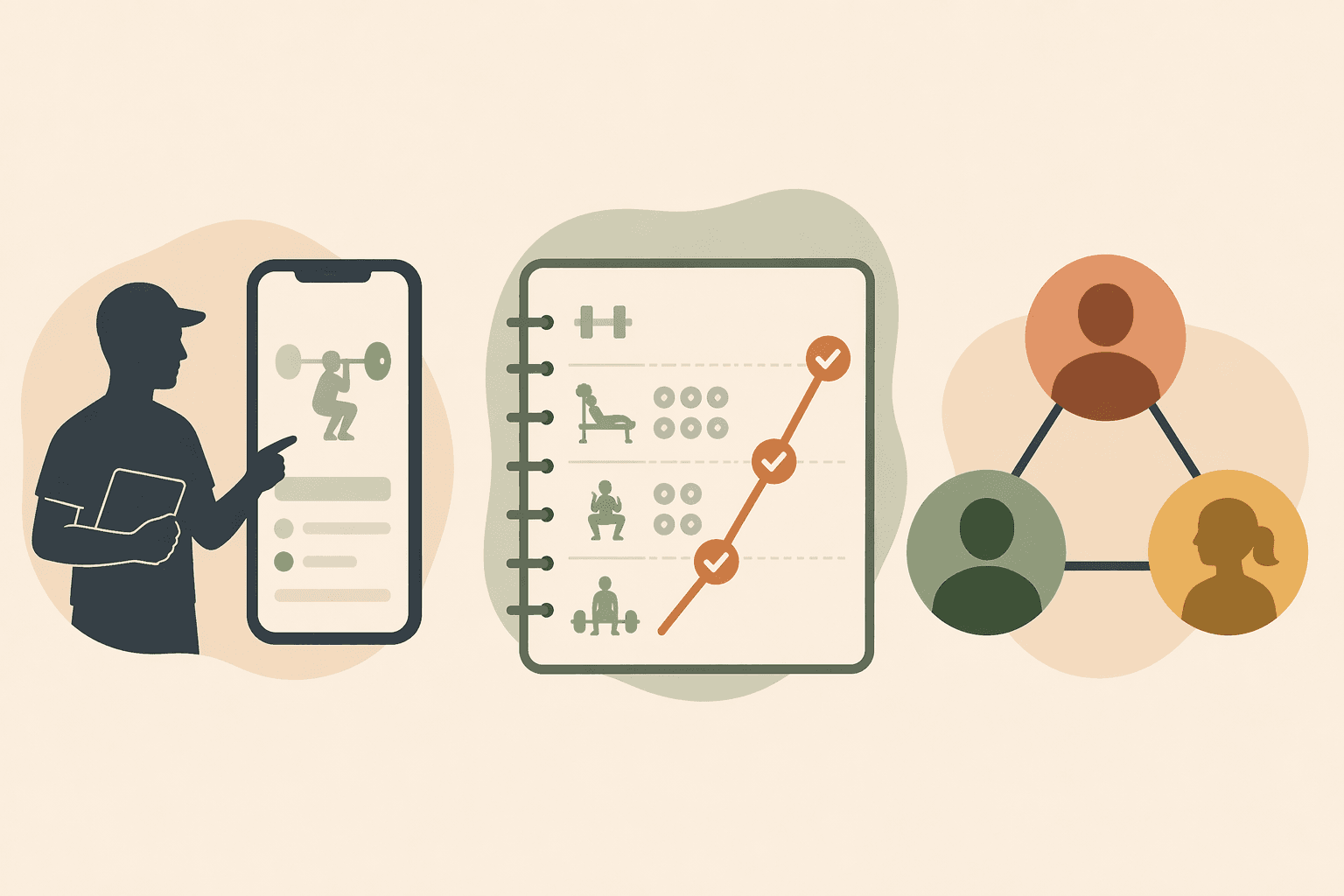 A flat-illustration editorial image with three panels: a coach silhouette next to a phone icon representing human coaching, a workout log with an upward progression line representing progressive overload tracking, and three connected avatar circles representing community accountability.