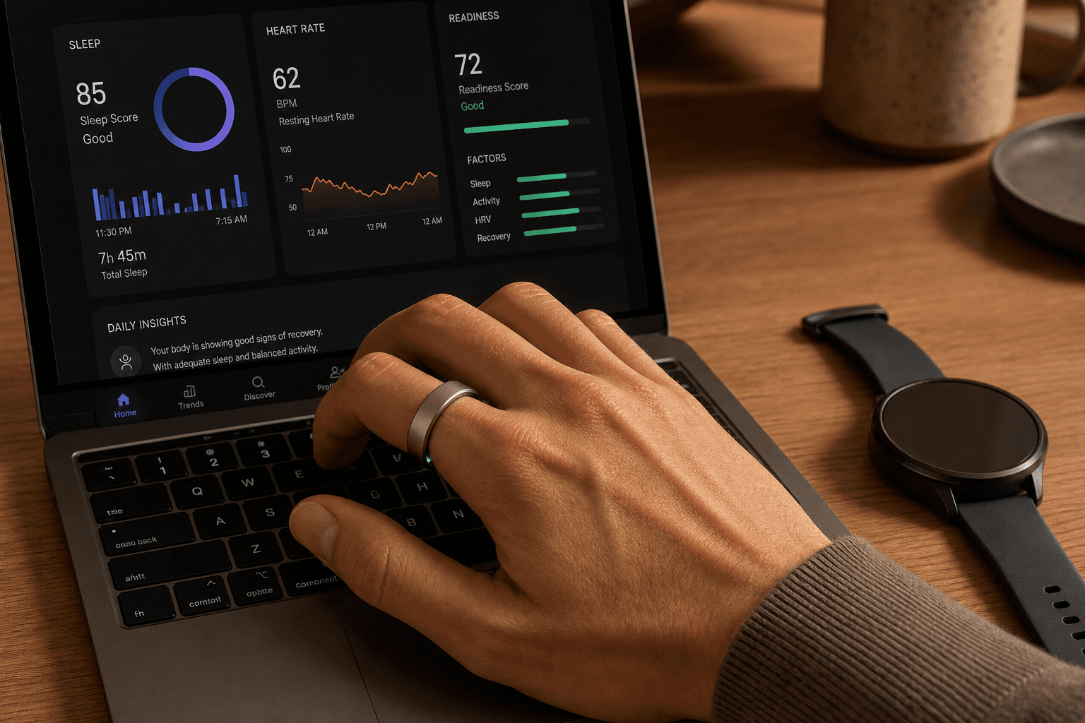 A hand wearing a sleek titanium smart ring on the index finger types on a laptop showing a fitness dashboard with heart rate and sleep scores, while a smartwatch lies disconnected on the wooden desk beside it.