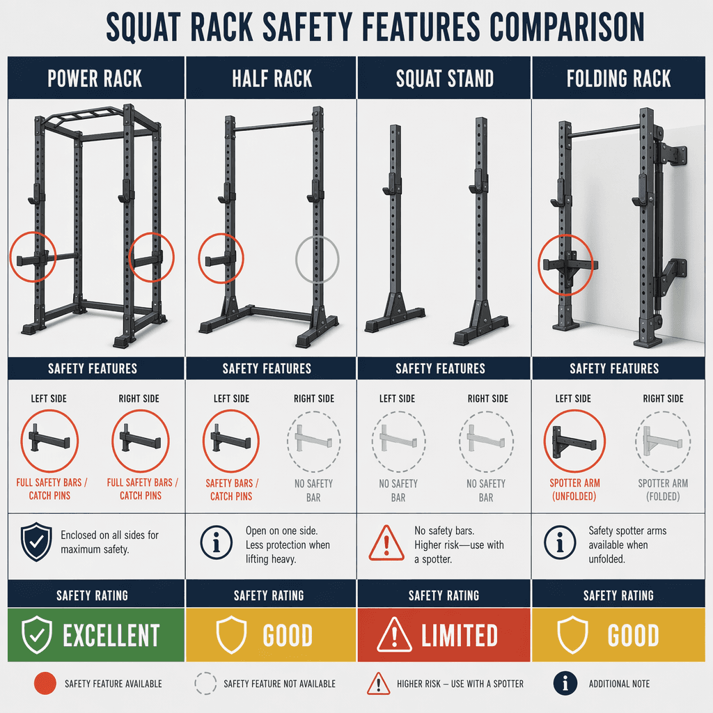 Horizontal comparison infographic showing safety features across four rack types with highlighted safety elements and rating bars.