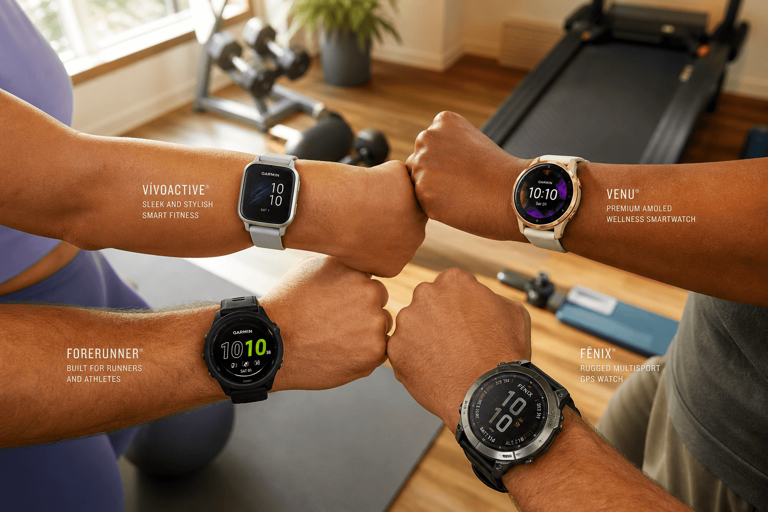 Four distinct Garmin fitness smartwatches on different wrists in a warm home gym setting with dumbbells, yoga mat, and treadmill in soft-focus background — the watches show sleek Vivoactive, premium Venu, sporty Forerunner, and rugged Fenix silhouettes