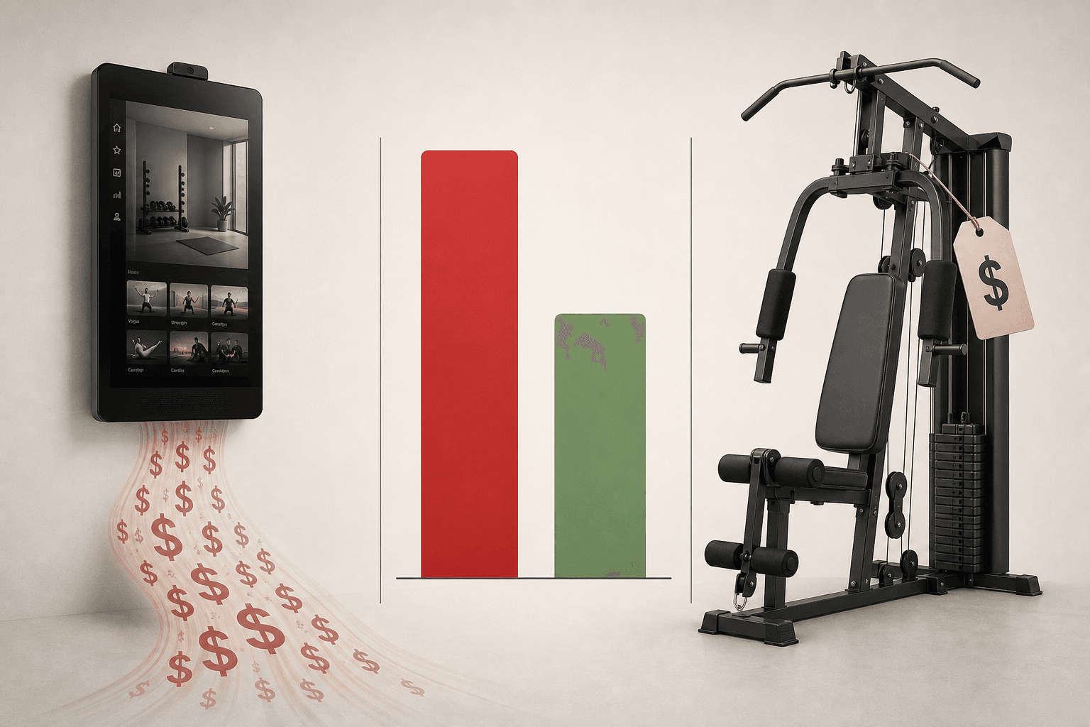 Editorial cost comparison visual showing a smart home gym device with subscription dollar signs flowing from it on the left, a traditional weight-stack machine with a one-time price tag on the right, and abstract red and green cost bars between them.