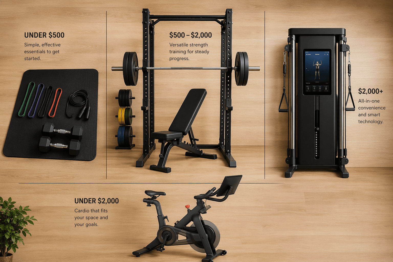 Flat-lay of four home gym setups: budget bands and dumbbells, mid-range power rack, smart gym machine, and exercise bike on a light wood surface.