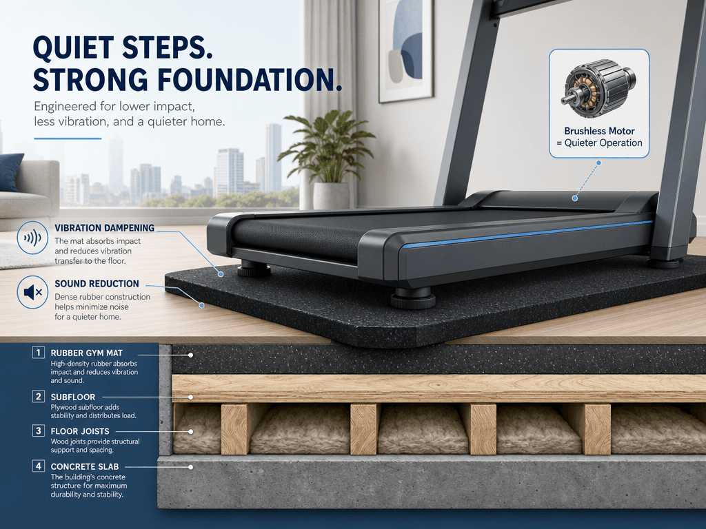 Cross-section infographic showing a treadmill on an apartment floor with a rubber gym mat layer, vibration dampening arrows, and a brushless motor callout.