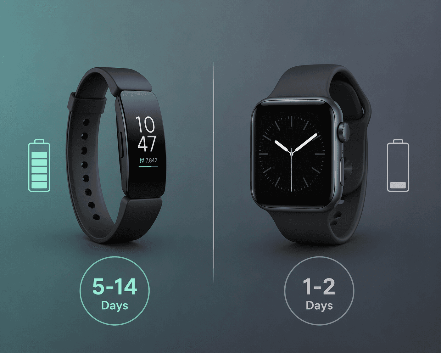 Side-by-side comparison of a slim fitness tracker band labeled '5-14 Days' and a smartwatch shape labeled '1-2 Days' with small battery icon outlines, separated by a subtle vertical line on a soft muted teal-to-slate-gray gradient background.
