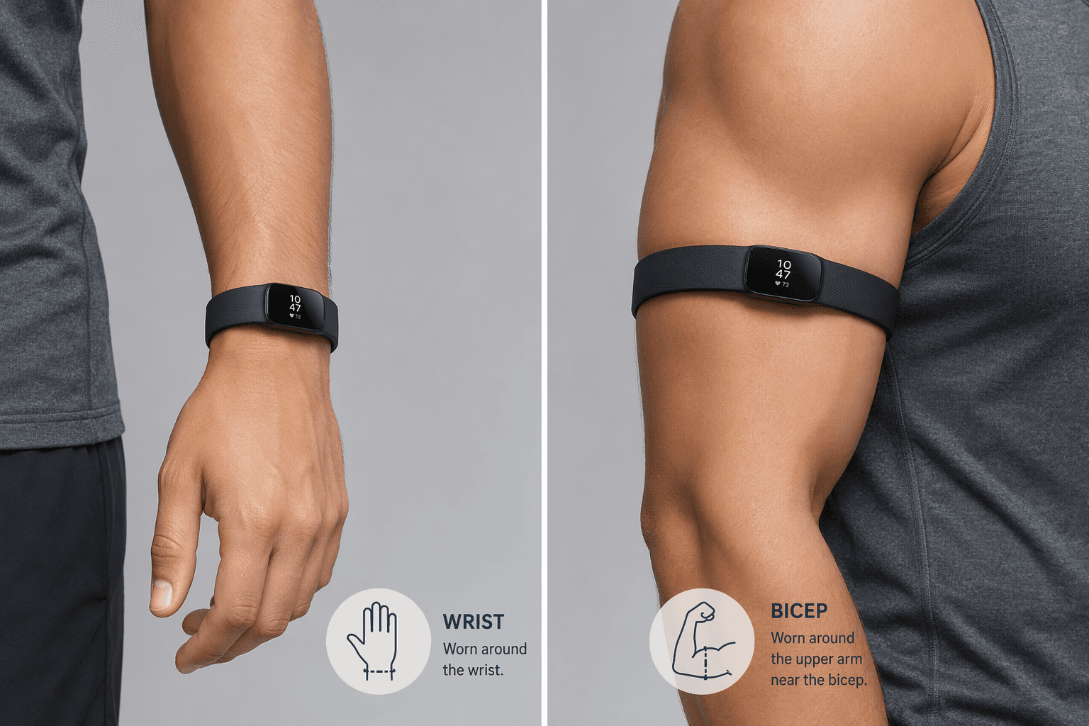 Split comparison editorial illustration of two arm segments: a fitness tracker worn around the wrist on the left side, and the same tracker worn around the upper arm at the bicep on the right side, against a muted gray background with soft lighting.