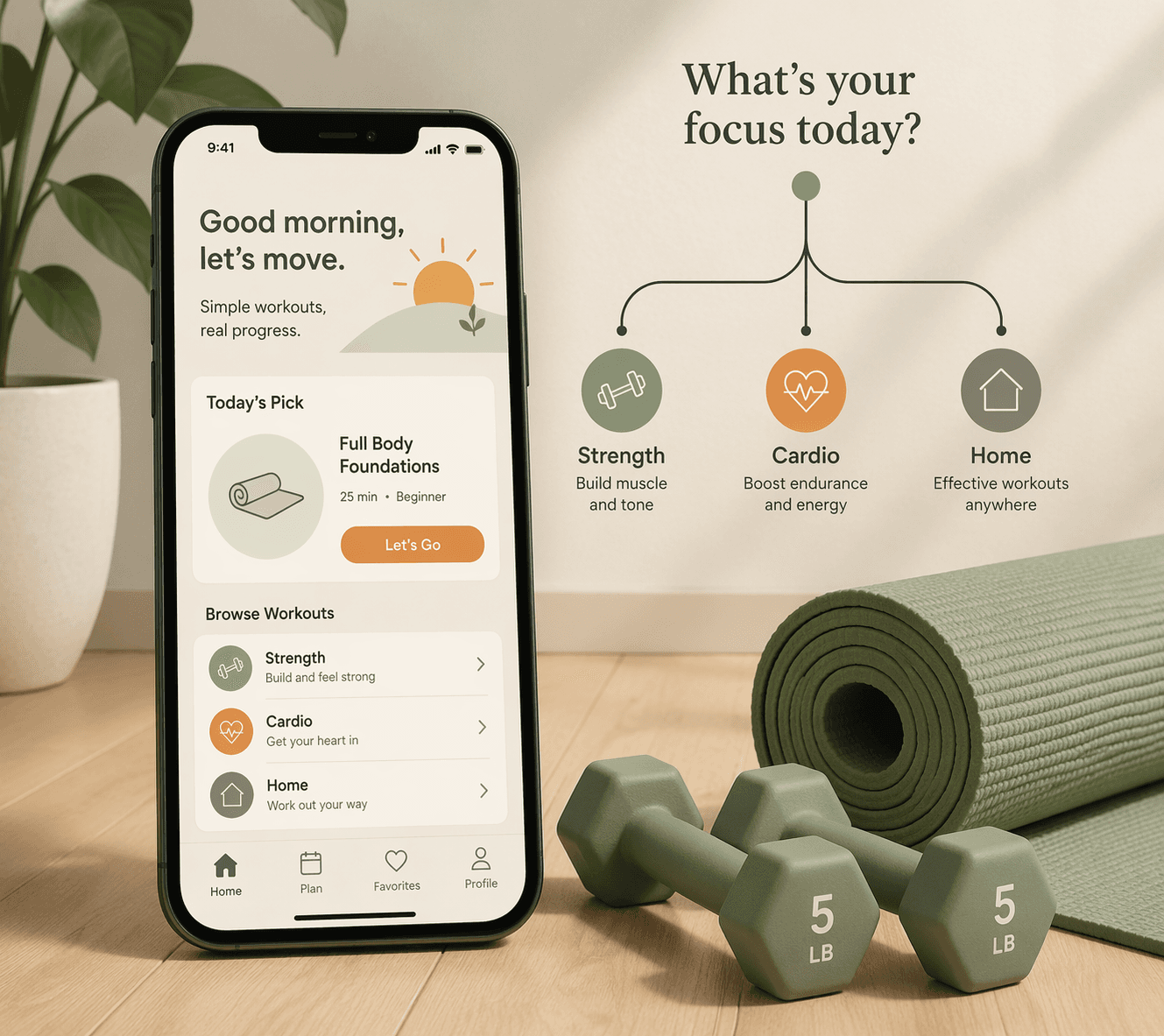 A smartphone displaying a workout app interface on a wooden floor beside a pair of dumbbells and a rolled yoga mat, with a subtle decision-tree graphic in the background forking into Strength, Cardio, and Home paths.