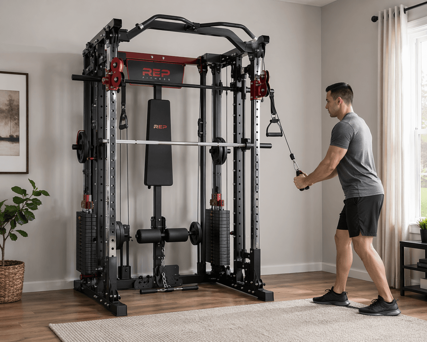 A compact all-in-one home gym machine with a black metal frame, dual weight stacks on each side, a smith machine barbell, pull-up bar, and cable pulley handles. A person in athletic wear stands beside the machine in a corner of a modern room.