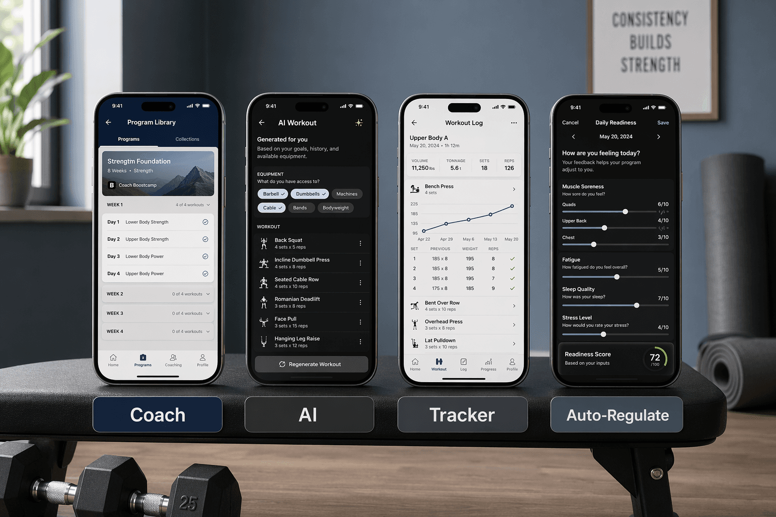 Four smartphones arranged side by side on a clean home gym background, each showing a different fitness app interface: a program library, an AI workout generator, a progress tracker with charts, and a daily readiness check-in with soreness sliders. Subtle labels read Coach, AI, Tracker, and Auto-Regulate beneath each phone.