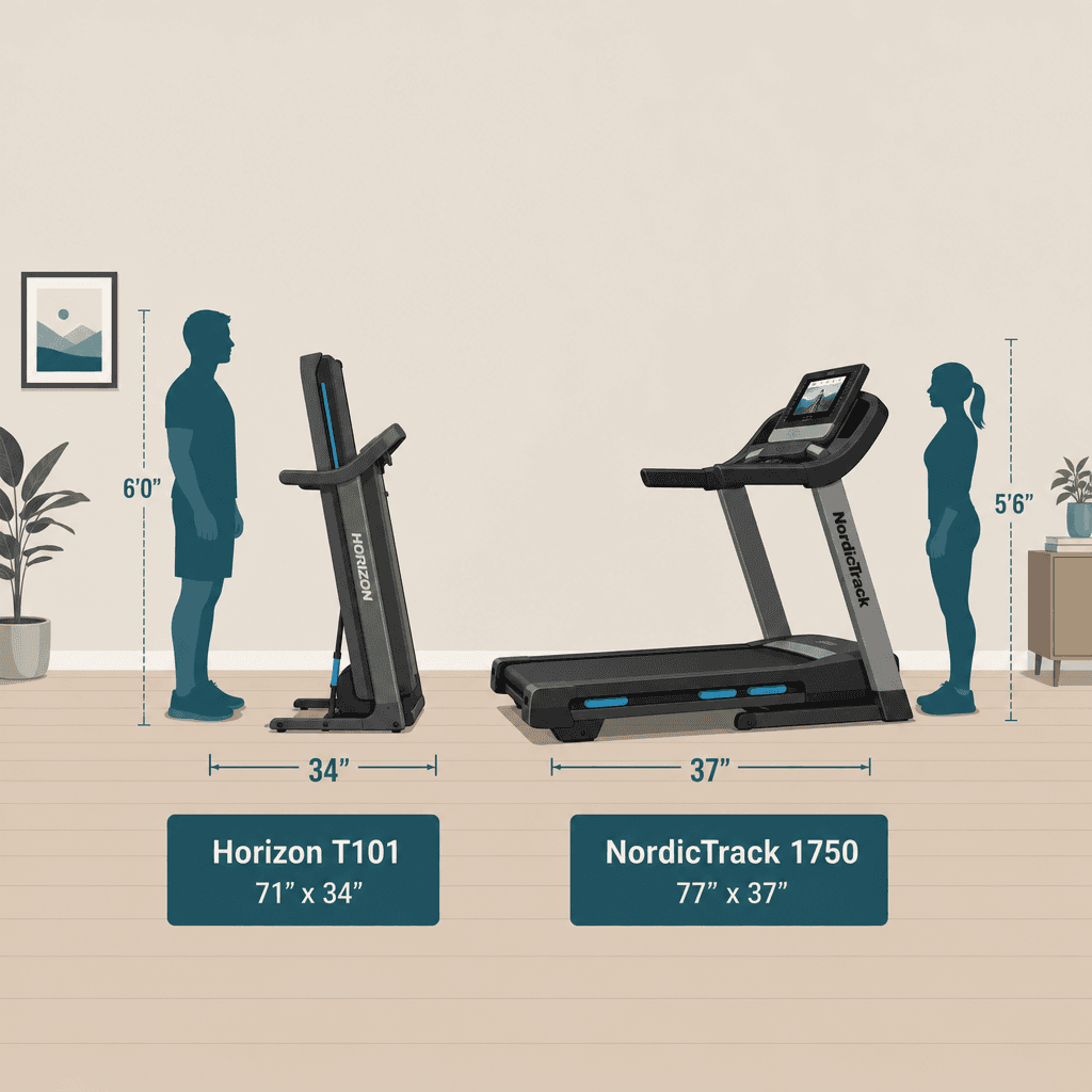 Room scene comparing a compact folding Horizon T101 treadmill with dimensions 71" x 34" on the left and a larger NordicTrack 1750 with dimensions 77" x 37" on the right, with a human silhouette for scale.