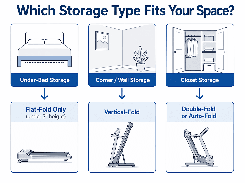 Decision flowchart showing three scenarios: under-bed storage leads to flat-fold, corner/wall storage leads to vertical-fold, closet storage leads to double-fold or auto-fold.