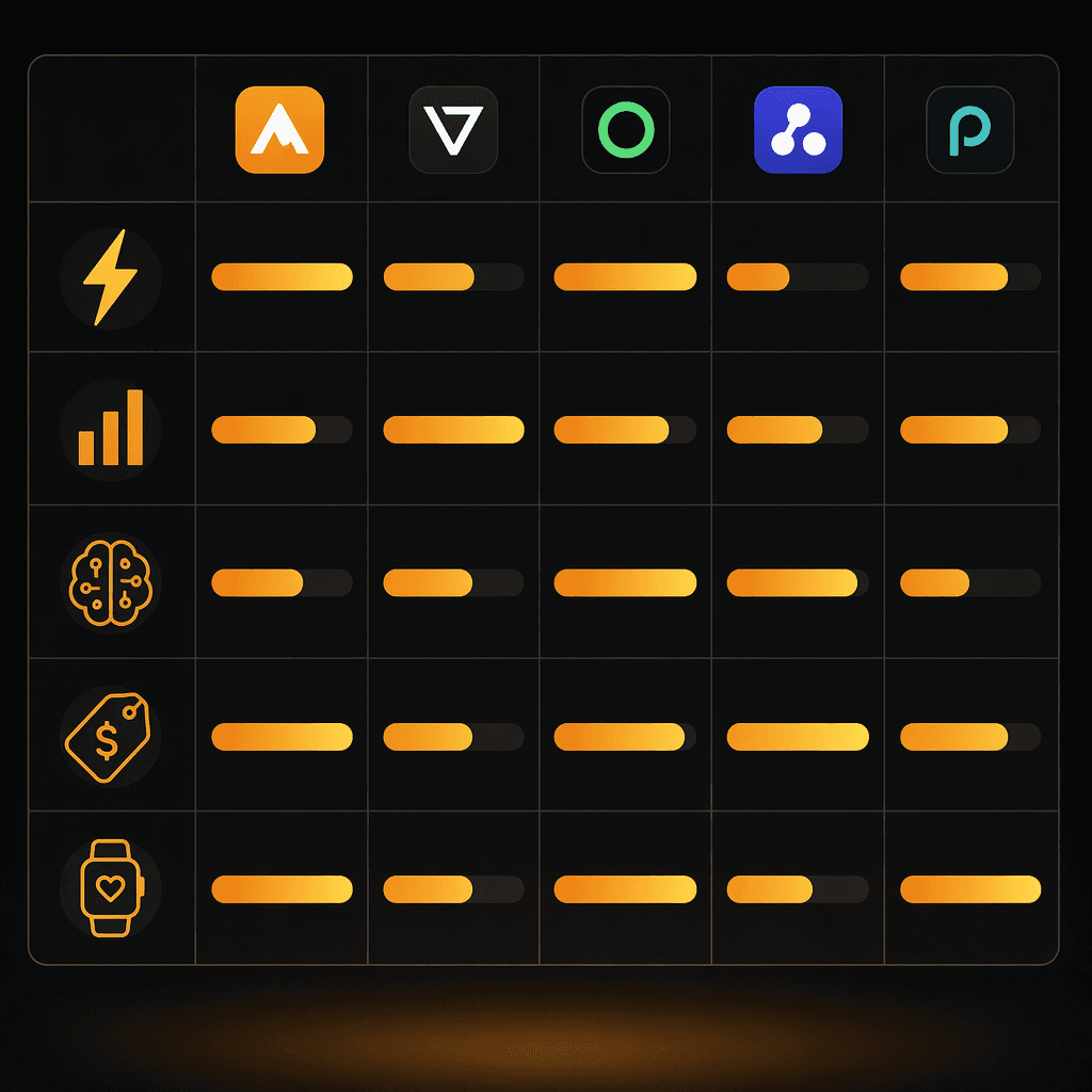 Editorial decision matrix grid with icon rows representing workout app evaluation criteria — logging speed, analytics depth, AI planning, pricing, and wearable integration — each with a horizontal gradient bar on a dark background with warm amber accents.