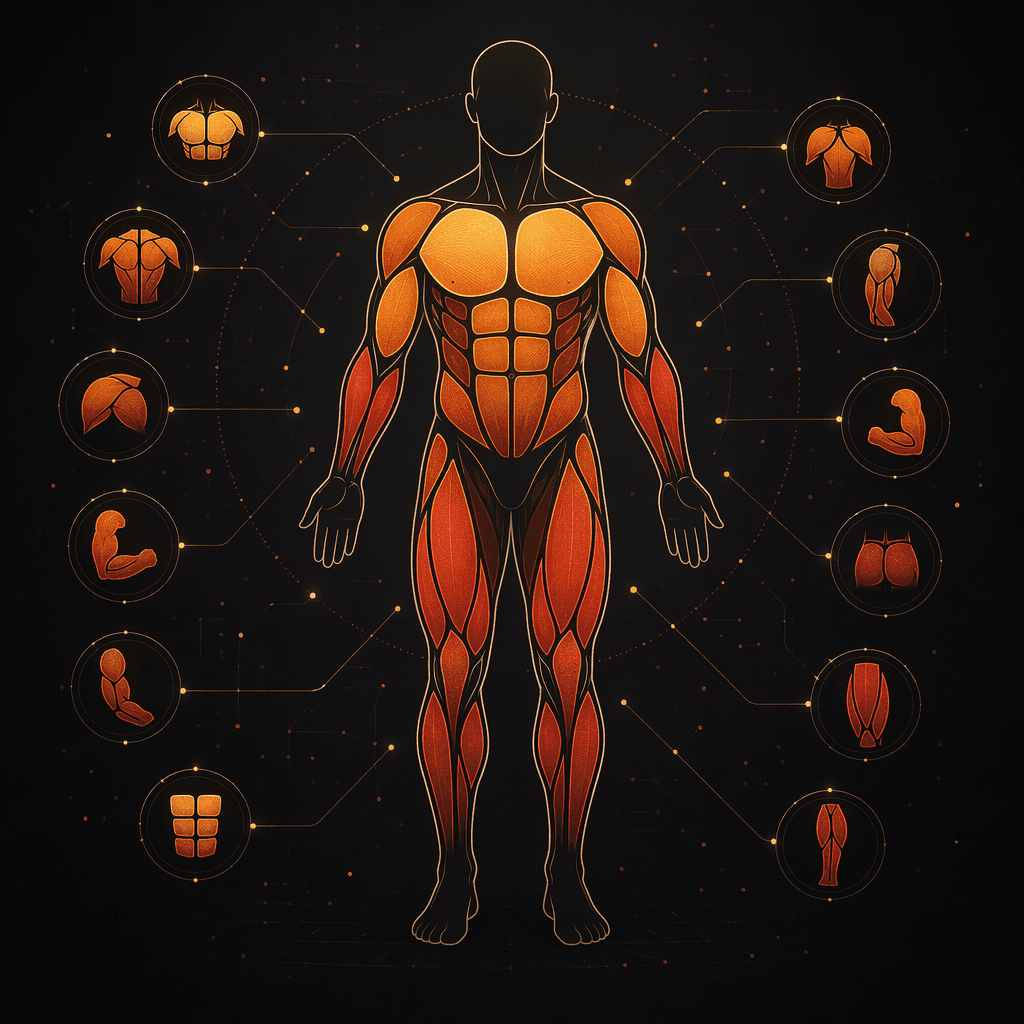 Minimalist human silhouette outline with 12 highlighted muscle groups in warm gradient colors, surrounded by small data-point dots and subtle connection lines suggesting fitness analytics tracking on a dark background.