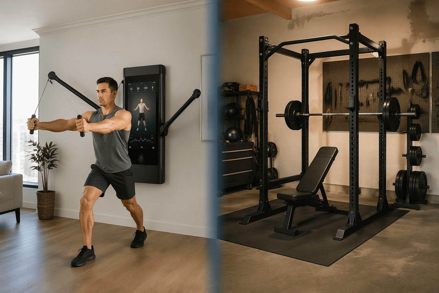 Split comparison scene: left side shows a wall-mounted smart home gym with touchscreen and a person doing cable exercises in a bright apartment living room; right side shows a traditional power rack with barbell, weight plates, and bench in a moody garage setting, divided by a vertical center line.