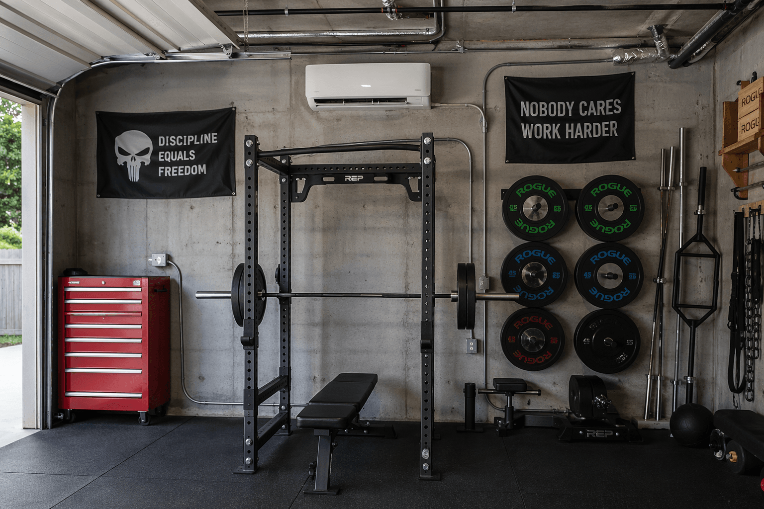 White ductless mini-split air conditioning unit mounted high on concrete garage wall above gym equipment. A power rack with barbell and weight plates sits on rubber stall mat flooring below.