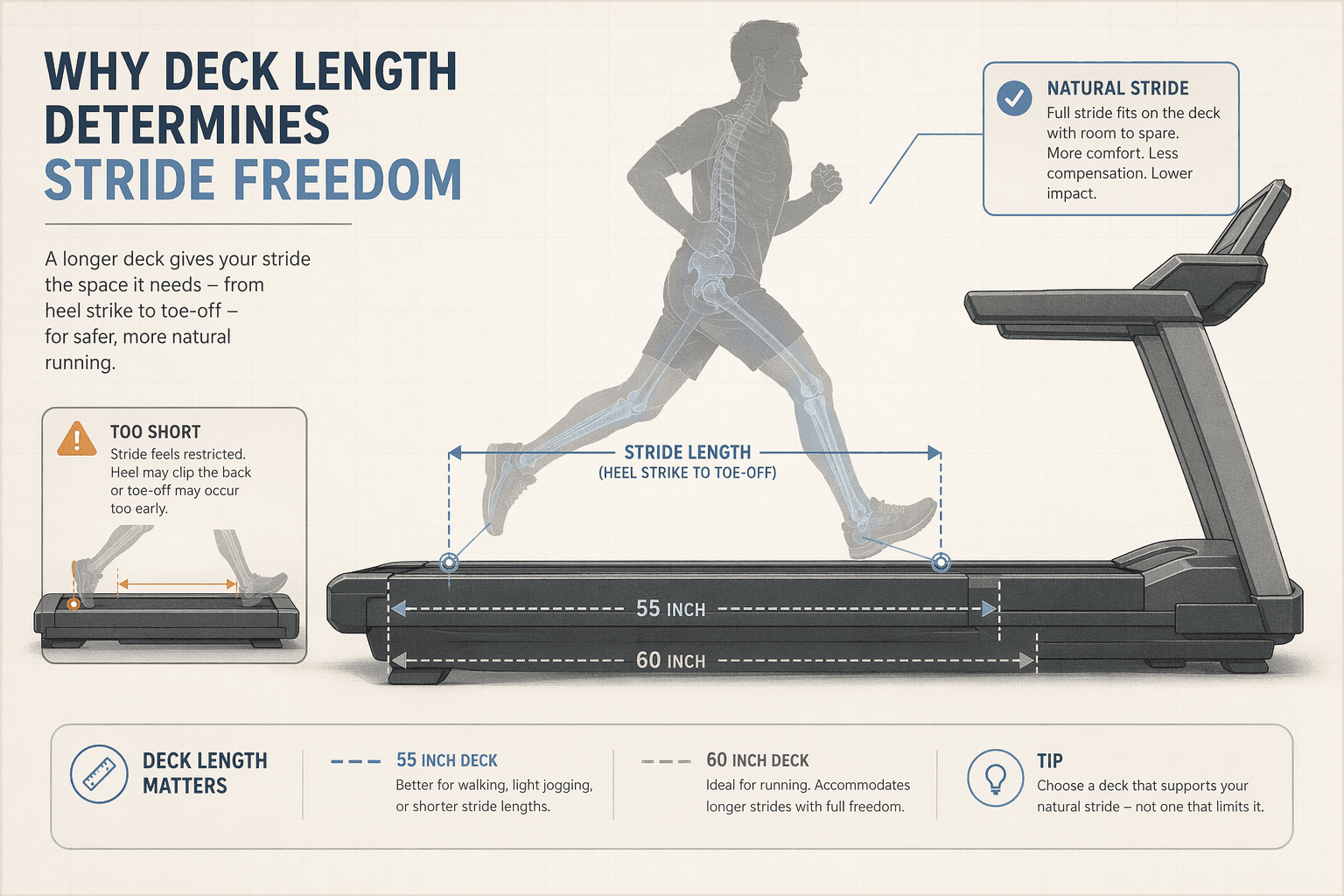 Side-view silhouette of a runner on a treadmill with 55-inch and 60-inch measurement callouts along the deck, showing stride length accommodation.