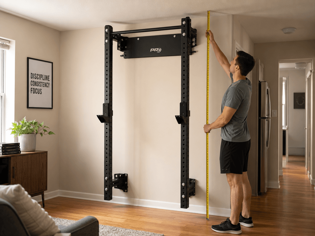 A person stands beside an unfolded wall-mounted foldable squat rack in an apartment room, holding a vertical measuring tape from the floor to the top of the rack. The rack is in its full unfolded position with J-hooks, and the standard ceiling above appears close, illustrating the need to measure ceiling height clearance.