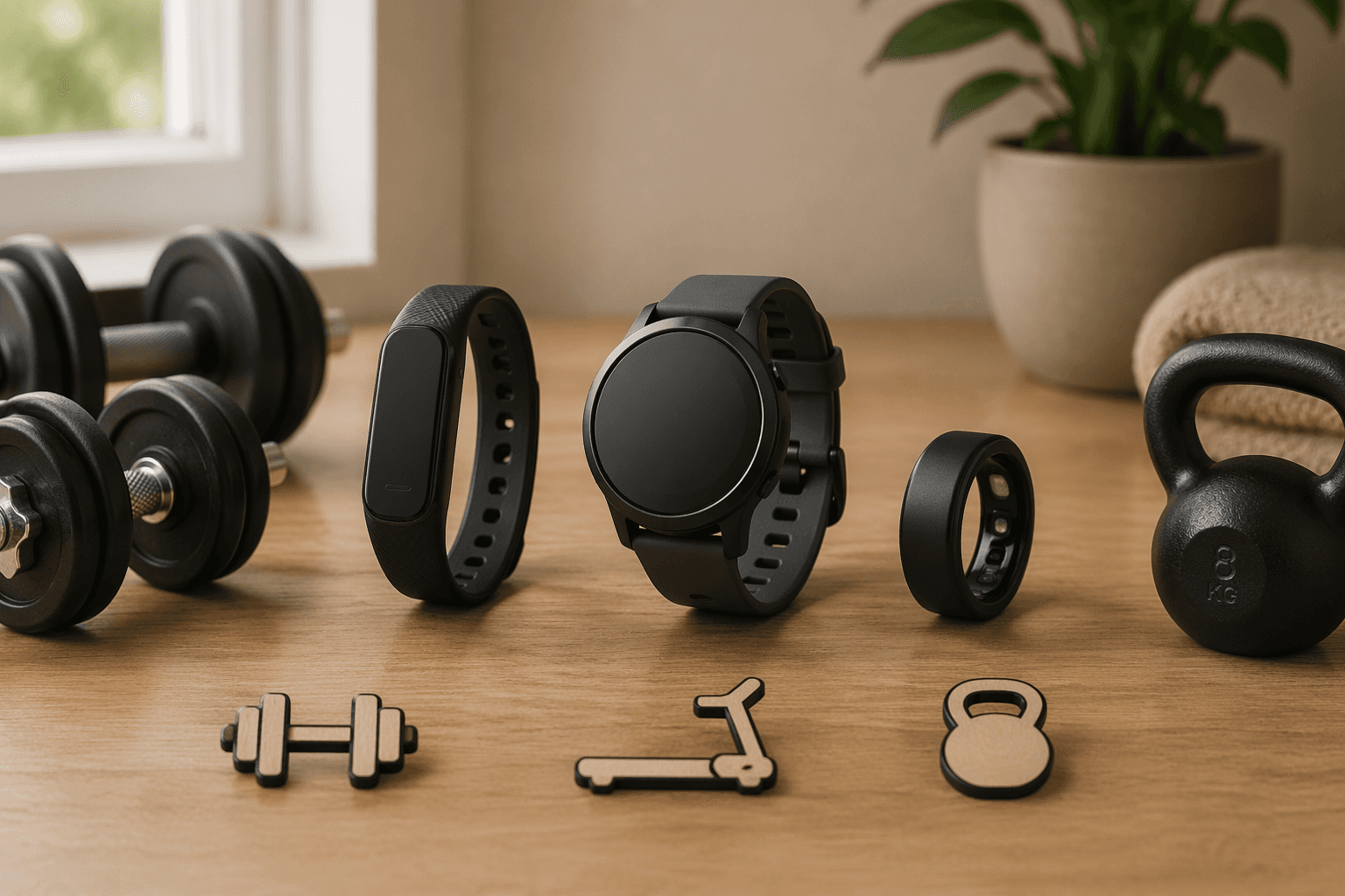 Flat-lay comparison of a fitness band, a smartwatch, and a fitness ring arranged on a wooden surface with small home gym props: dumbbells, a treadmill icon, and a kettlebell.