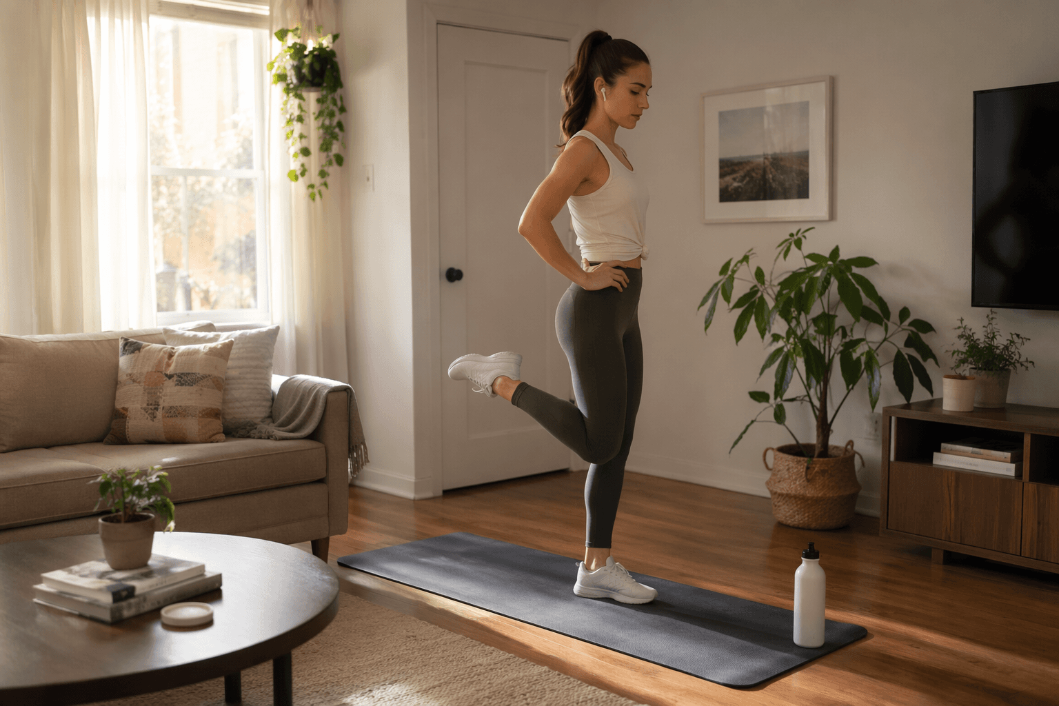 A person in athletic wear performs a controlled standing hamstring curl on a yoga mat in a sunlit living room with wood flooring, furniture pushed aside to create space, earbuds in, and a water bottle nearby — calm and realistic home setting.