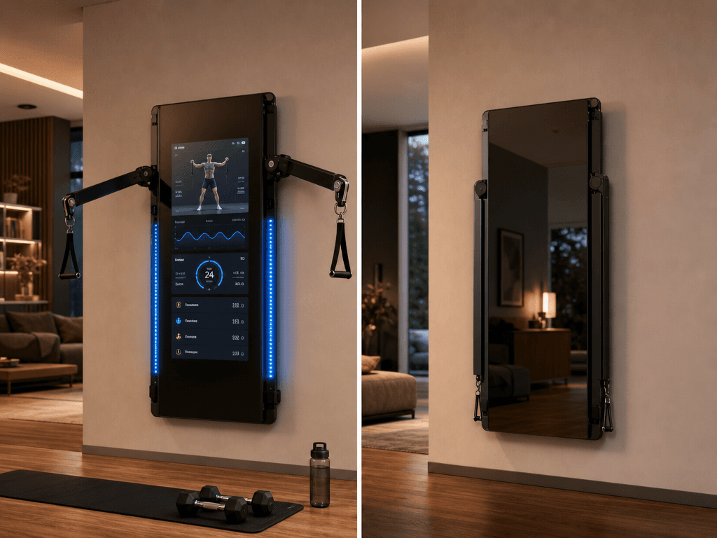 Split comparison of a smart home gym in active subscription mode with bright touchscreen and extended arms versus the same machine dormant as a plain mirror-like panel.