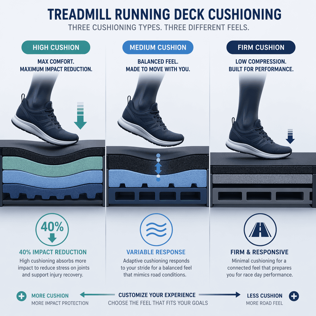 Three cross-section illustrations of treadmill running decks side by side: a thick plush deck with 40% impact reduction label on the left, a medium balanced deck in the middle, and a thin firm deck on the right.