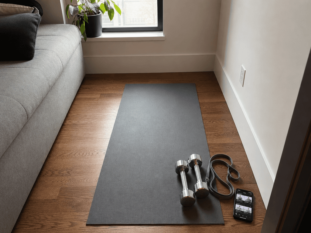 A realistic photo of a small apartment corner with a rolled-out grey yoga mat on a wooden floor, two chrome dumbbells at one end, a looped resistance band beside them, and a smartphone showing a workout app screen resting on the floor.
