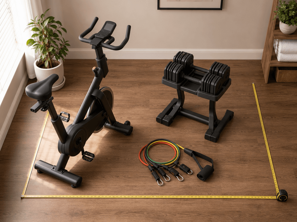 Clean flat-lay on warm wood floor showing a 4x6-foot workout area marked by subtle floor boundaries, containing exactly three equipment pieces: a compact exercise bike, adjustable dumbbells on a stand, and resistance bands with a door anchor.