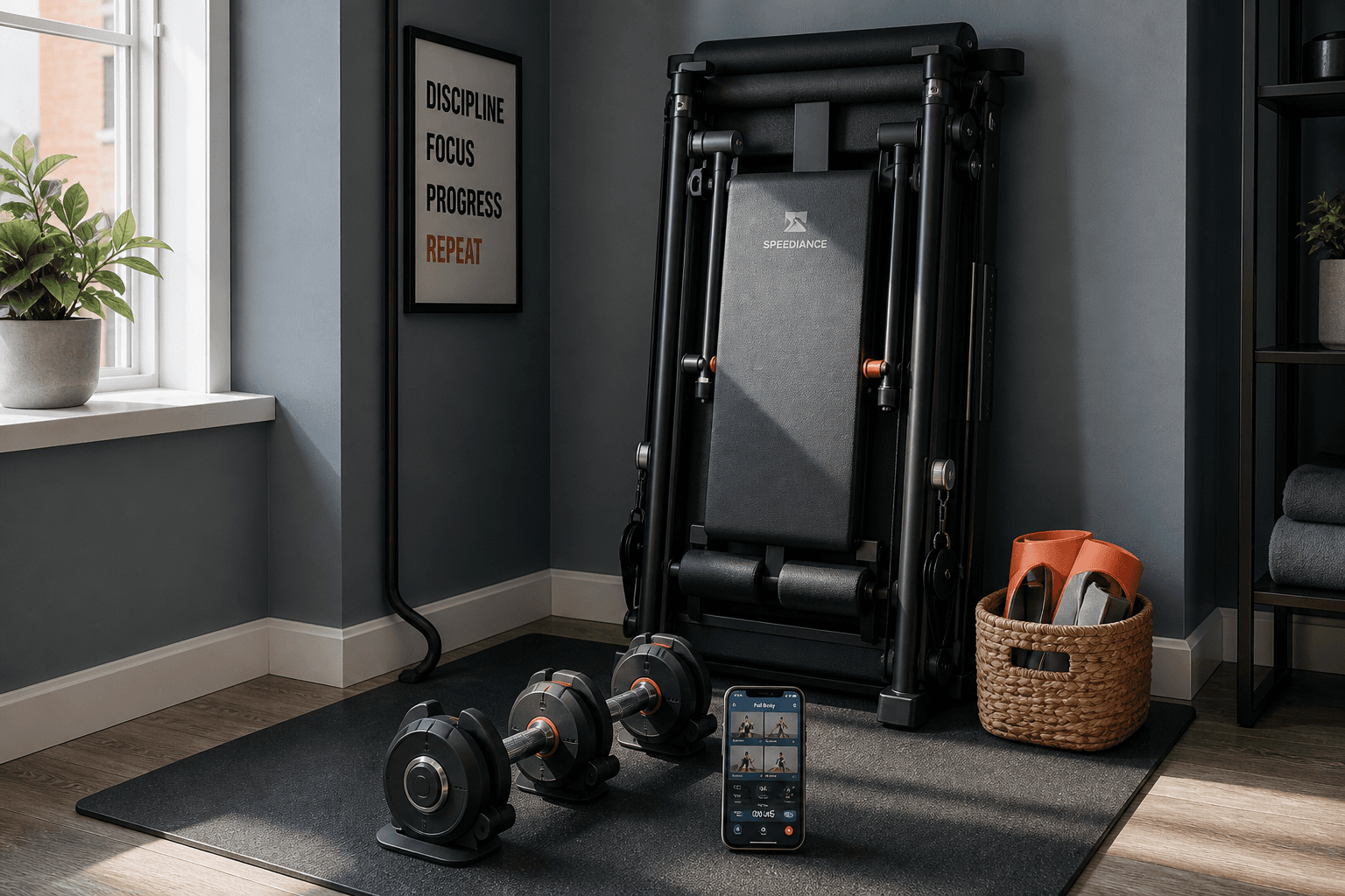 A sunlit apartment corner with a folded multi-function machine against a slate blue wall, a smartphone displaying a fitness app on a grey rubber mat, adjustable dumbbells, and resistance bands in a basket.