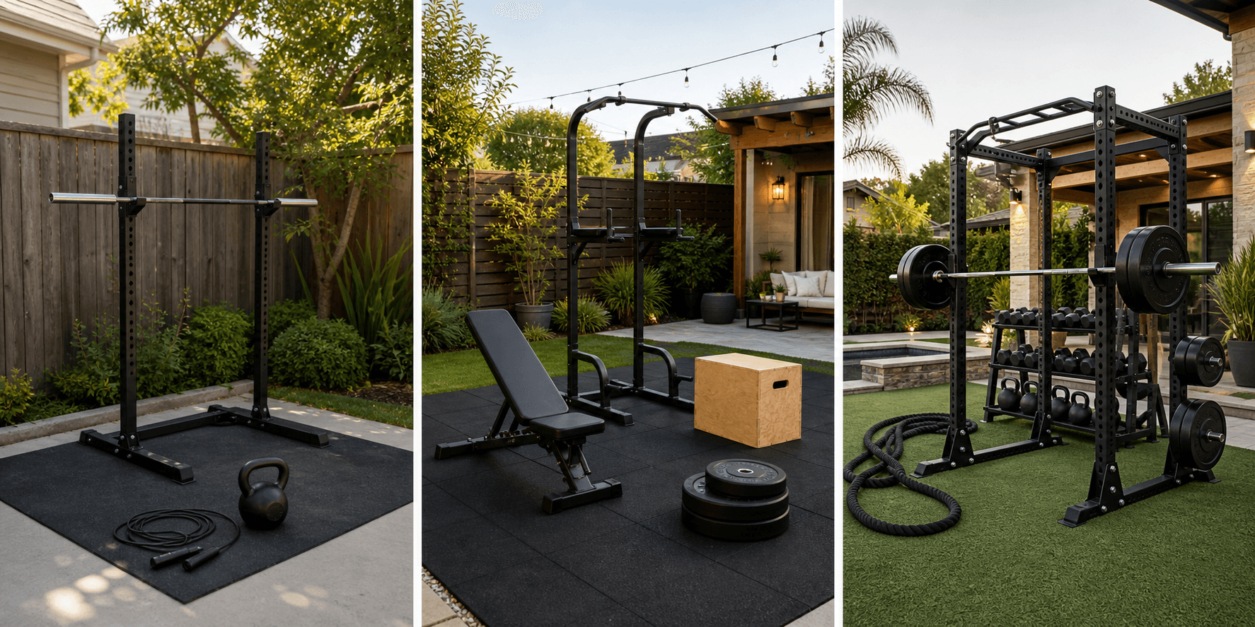 A three-panel illustration comparing outdoor home gym setups at $500, $1,500, and $3,000+ budget tiers.