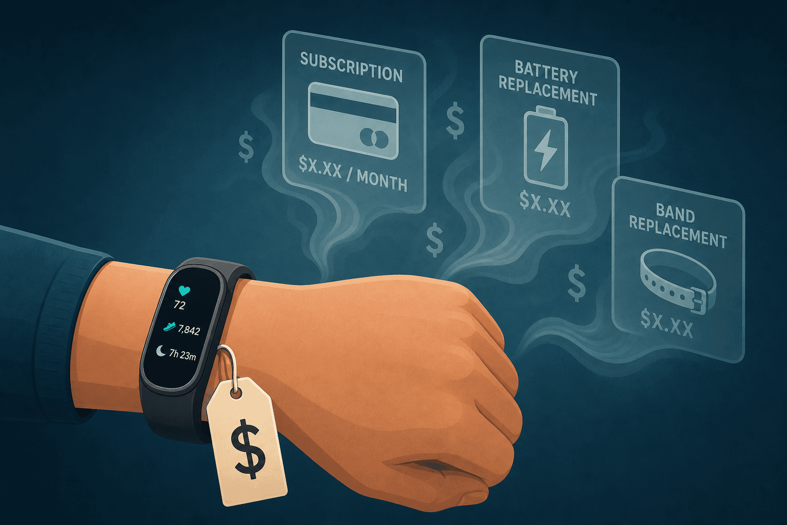 A fitness tracker wristband with a price tag dangling from it, surrounded by ghost icons for a subscription card, battery replacement, and band replacement.