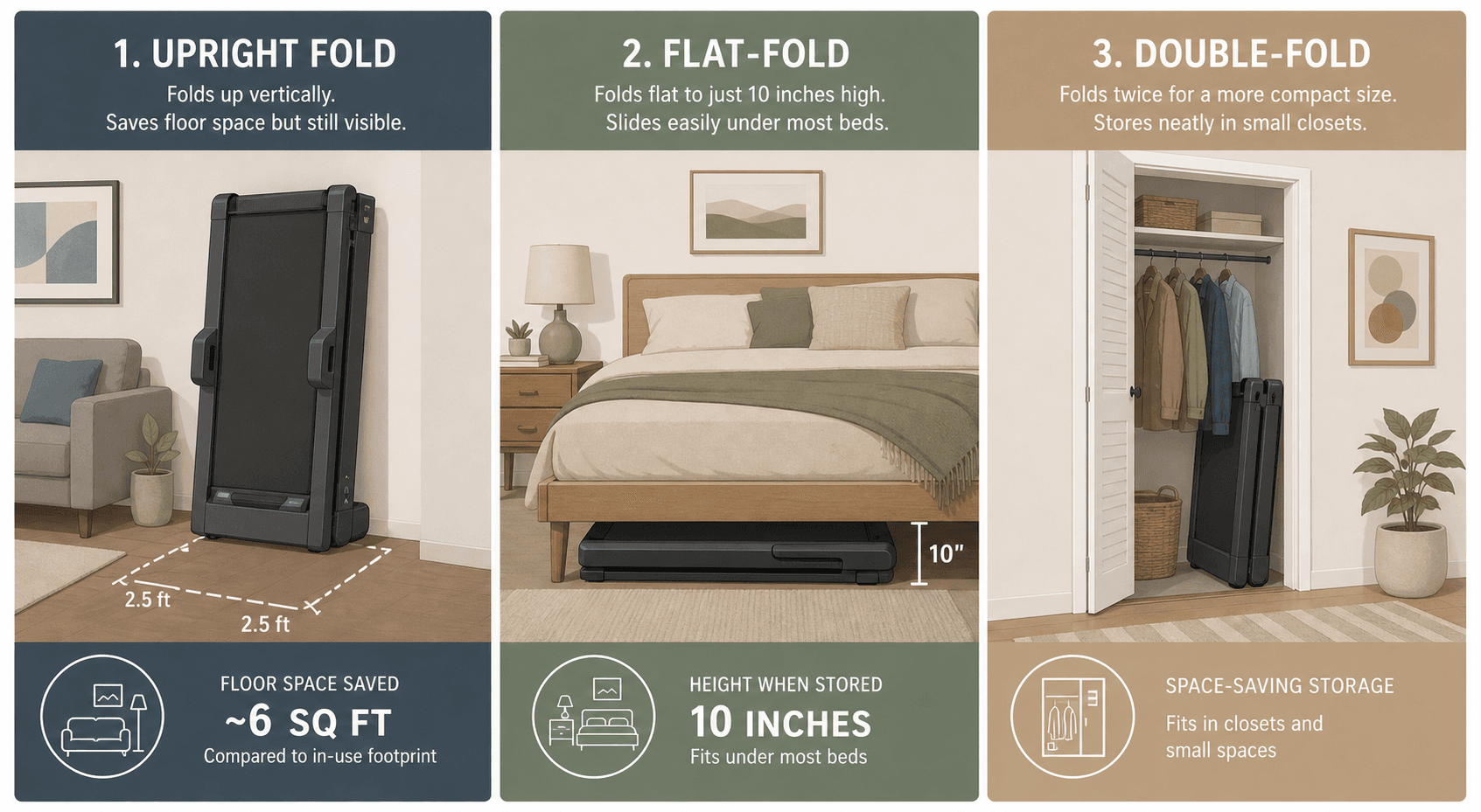 Three folding treadmill storage types: upright fold against a wall, flat-fold under a bed, and double-fold in a closet.