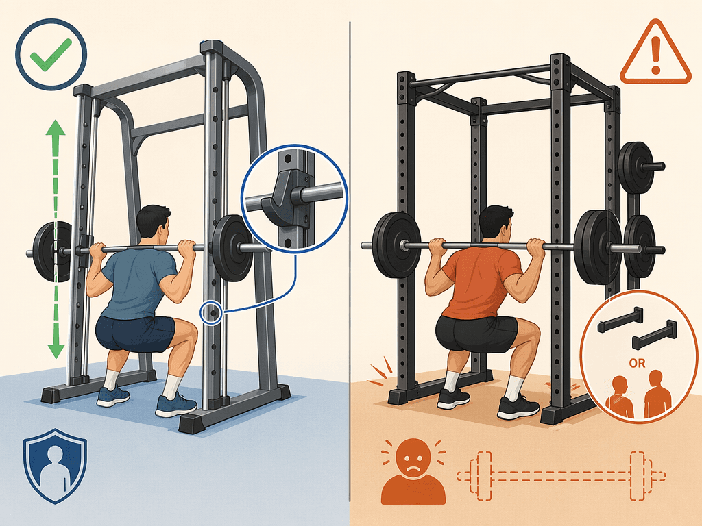 Side-by-side illustration comparing solo training safety: Smith machine with guided bar path and safety hooks versus power rack requiring spotter arms.