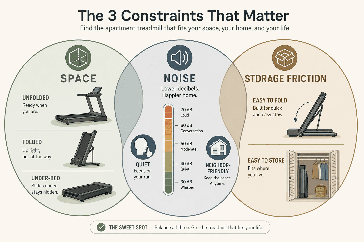 Three intersecting constraint axes for apartment treadmill selection: Space, Noise, and Storage Friction.