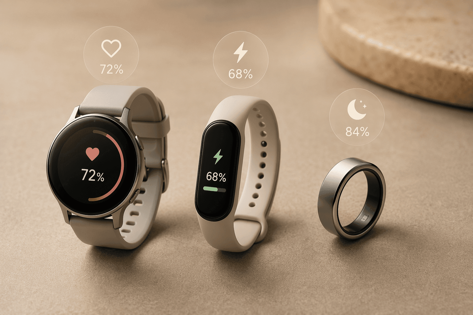 Editorial flat-lay of a sport smartwatch, a slim fitness band, and a sleek smart ring on a warm neutral surface with floating health icons above each device.