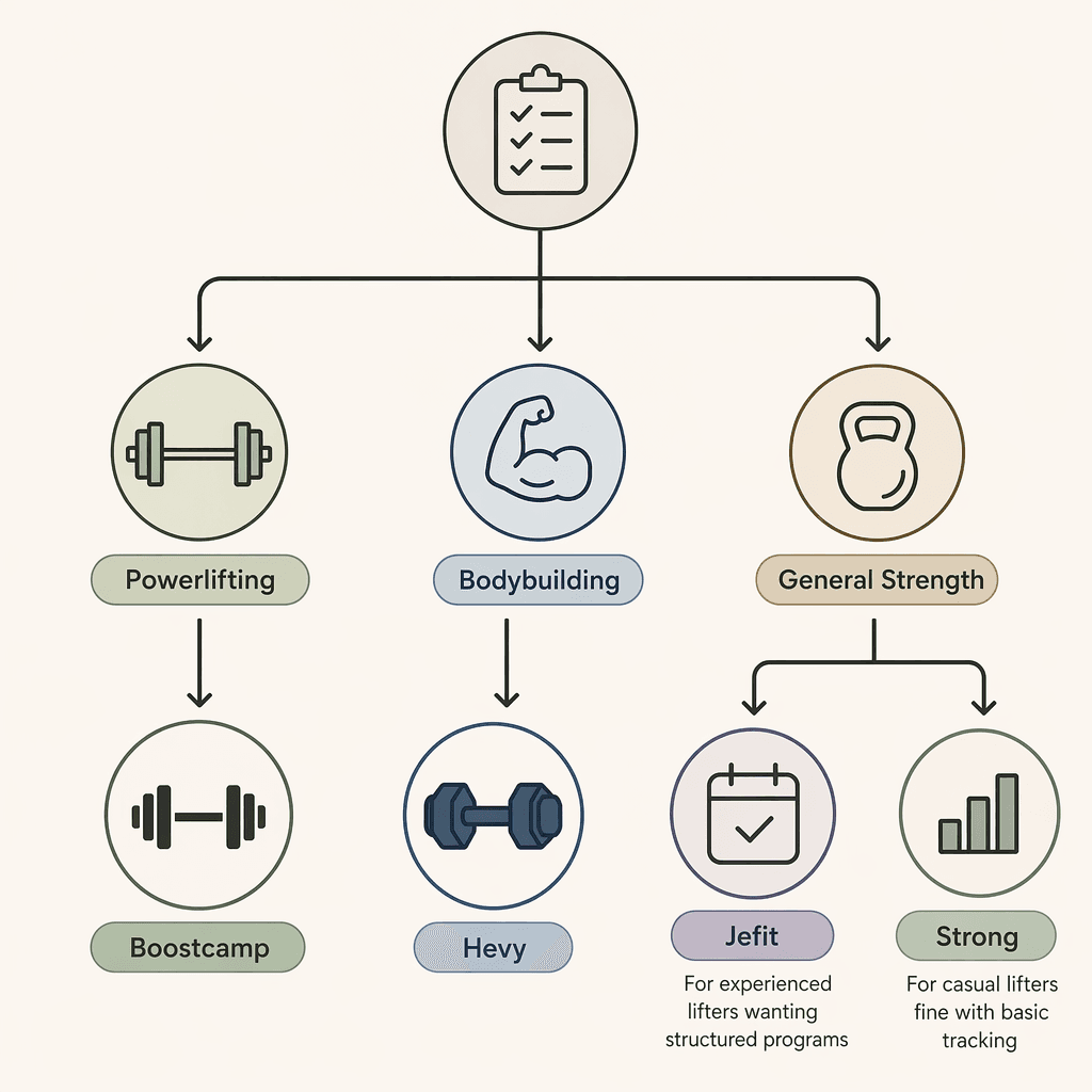 Decision flow diagram with three branching paths labeled Powerlifting, Bodybuilding, and General Strength, each pointing to a recommended app icon.