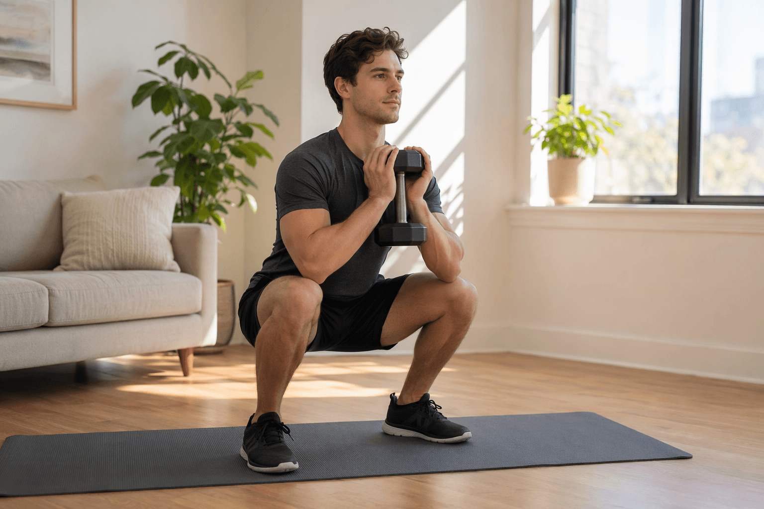 A person in a bright apartment living room performs a goblet squat at mid-depth on an exercise mat, holding a single dumbbell vertically at chest height. Natural daylight comes from a nearby window. The person wears shorts and a fitted shirt. The floor is hardwood. Only a dumbbell and mat are visible.