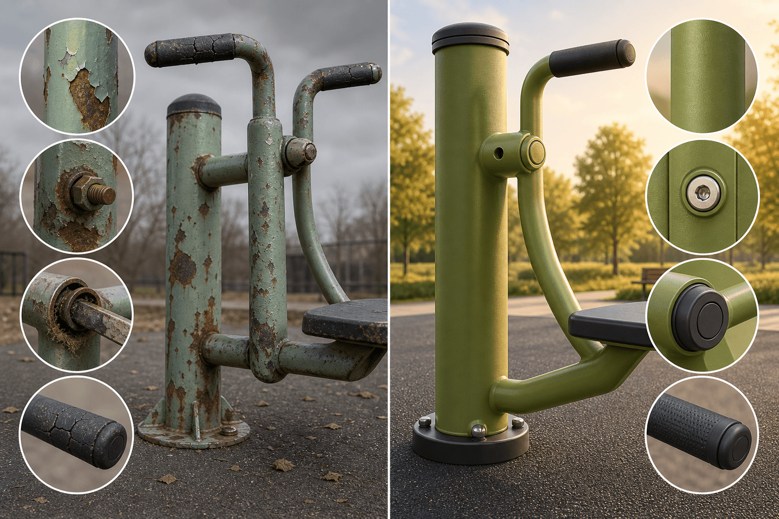Split-comparison illustration showing poor quality outdoor fitness equipment on the left with peeling paint, rust, and cracked grips versus quality weatherproof equipment on the right with intact coating and tamper-proof hardware.