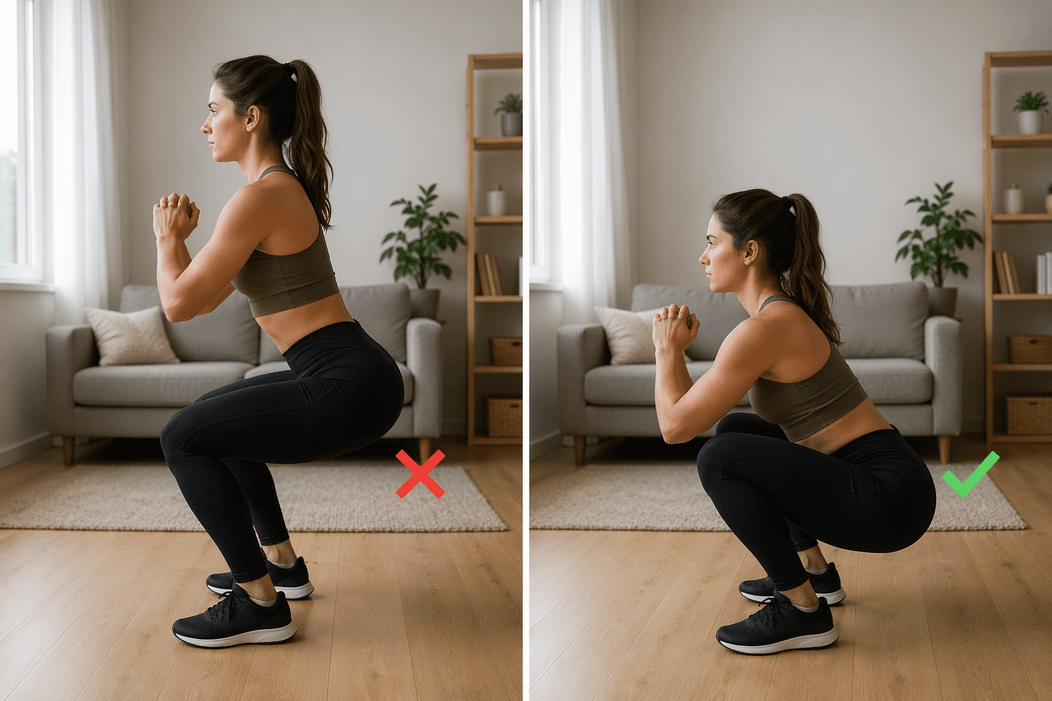 Side-by-side comparison: left side shows a partial squat with thighs at roughly 90 degrees, right side shows a full-depth squat with hips below knee level. Both in a home living room.