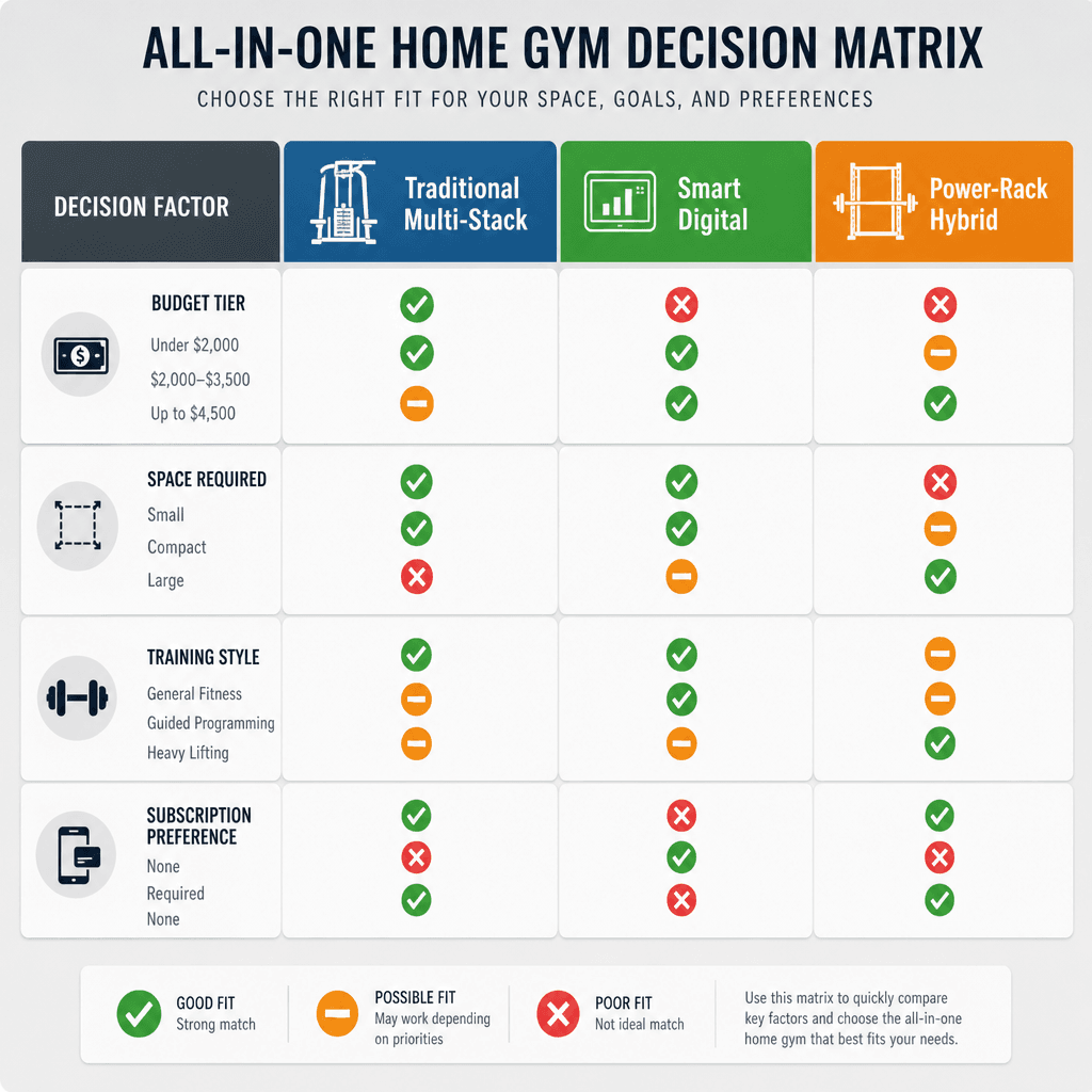 Editorial decision matrix infographic with three columns for Traditional Multi-Stack, Smart Digital, and Power-Rack Hybrid categories. Rows show Budget tier, Space required, Training style, and Subscription preference using simple checkmark and icon indicators in color-coded cells.