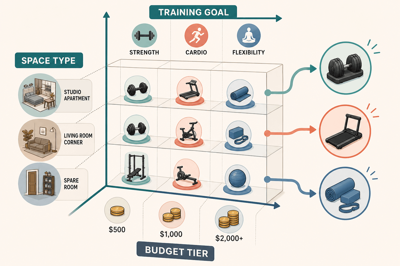 An editorial infographic-style illustration showing a decision matrix with three axes: space type (studio, living room corner, spare room), training goal (strength, cardio, flexibility), and budget tier ($500, $1,000, $2,000+), using simple icons and connecting pathway arrows on a warm neutral background with teal and coral accent colors.